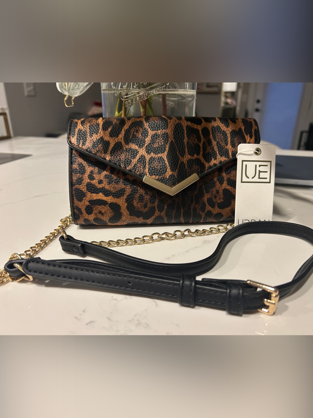 UE Leopard-Print Clutch with Black Strap and Gold Chain